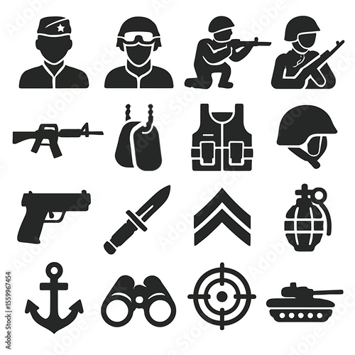 Military Icons Depicting Soldiers, Weapons, and Combat-Related Equipment.