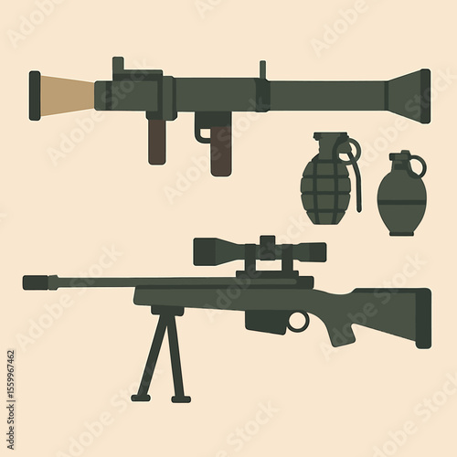 Military Weaponry Flat Icons: Rocket Launcher, Sniper Rifle, and Grenades