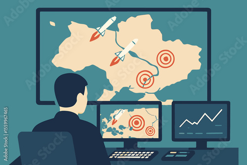 Military Strategist Monitoring Missile Trajectory on Multiple Screens