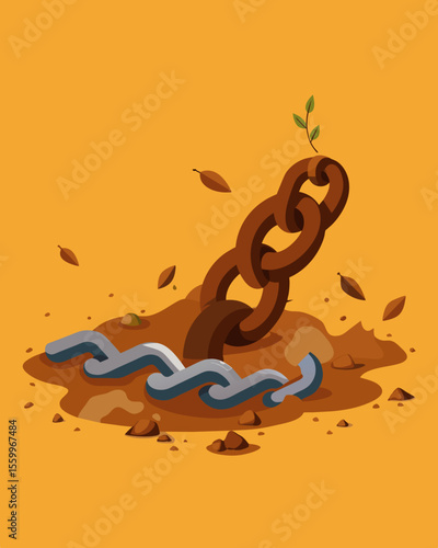 A series of rusted chains tered on the ground mirroring the broken connections within the mind.. Vector illustration