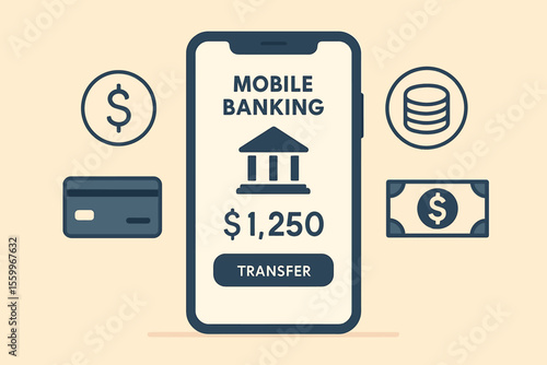 Mobile Banking App Interface Showing One Thousand Two Hundred Fifty Dollar Transfer