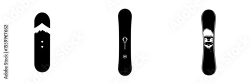 Silhouette pictograms of snowboard designs showcasing various graphics for winter sports enthusiasts and designers