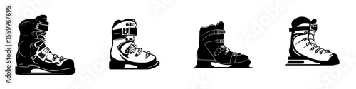 Silhouette pictogram set of various ski boot designs isolated on a white background for winter sports and outdoor activities