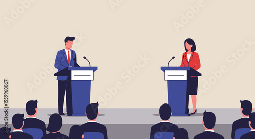Political Debate Featuring Two Speakers and Attentive Audience Members.