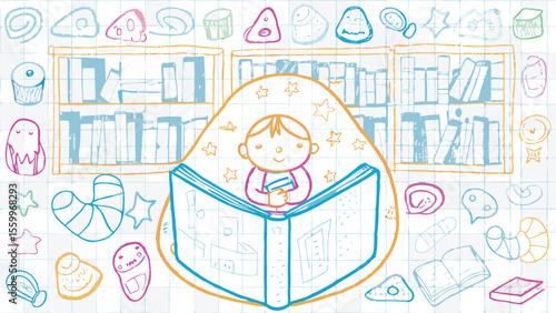 A child reading a book with bookshelves and doodle drawings in a colorful and playful style art