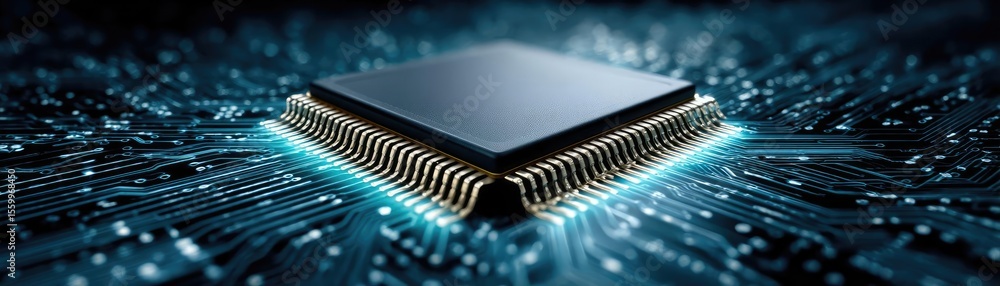Hybrid processor in plasma development concept. Close-up of a microchip with glowing circuits on a dark background. Hybrid processor in plasma development concept. Close-up of a microchip with glowing circuits on a dark background.