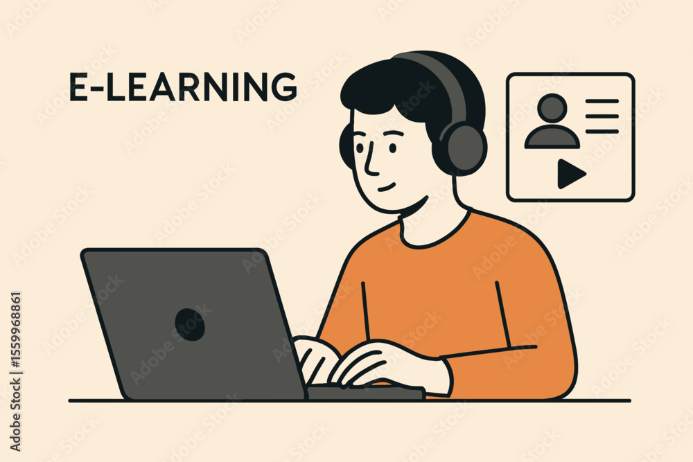 Smiling student with headphones using laptop for online education and video tutorials Smiling student with headphones using laptop for online education and video tutorials