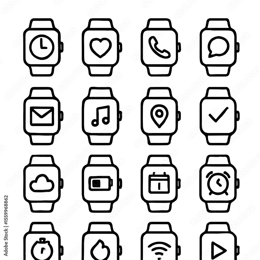 Fototapeta premium Smartwatch Icons: Clock, Heart, Phone, Message, Mail, Music, Location, Checkmark, Cloud, Battery, Calendar, Alarm, Timer, Flame, Wifi, Play