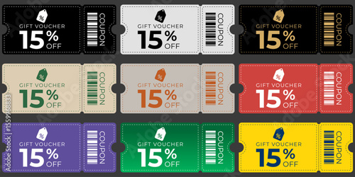 A vibrant set of 15% off gift voucher coupons in assorted colors with barcode, perfect for promotions, sales, and marketing materials. Ideal for commercial, retail, and e-commerce use.