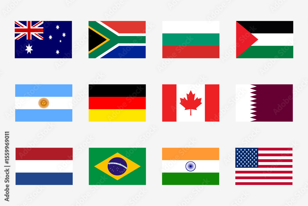 Naklejka premium Flag icon set. Simple vector flags of the different countries. Australia, south africa, hungary, palestine, argentine, germany, canada, qatar, netherlands, brazil, india, usa
