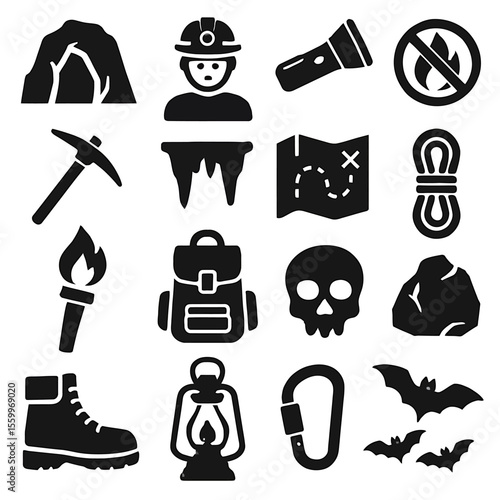 Spelunking Exploration Icon Set: Cave, Miner, Gear, Bats