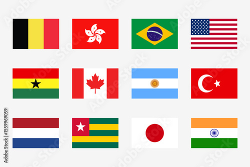 Flag icon set. Simple vector flags of the different countries. beligum, hong kong, brazil, usa, ghana, canada, argentina, turkey, netherlands, togo, japan, india 