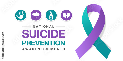 September is National Suicide Prevention Awareness Month. Ribbon, hand and more. Great for posters, banners and social media. White background.