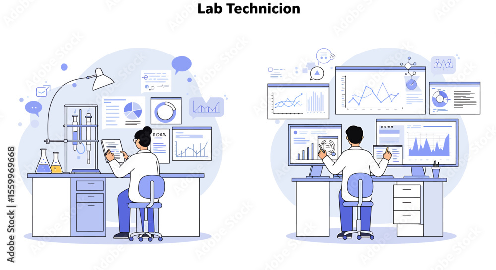 Two lab technicians analyzing data and conducting experiments in a modern laboratory Two lab technicians analyzing data and conducting experiments in a modern laboratory