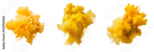 Set of yellow smoke powder explotion isolated on transparent background. Yellow Powder Smoke Blast Set Transparent Isolated. 