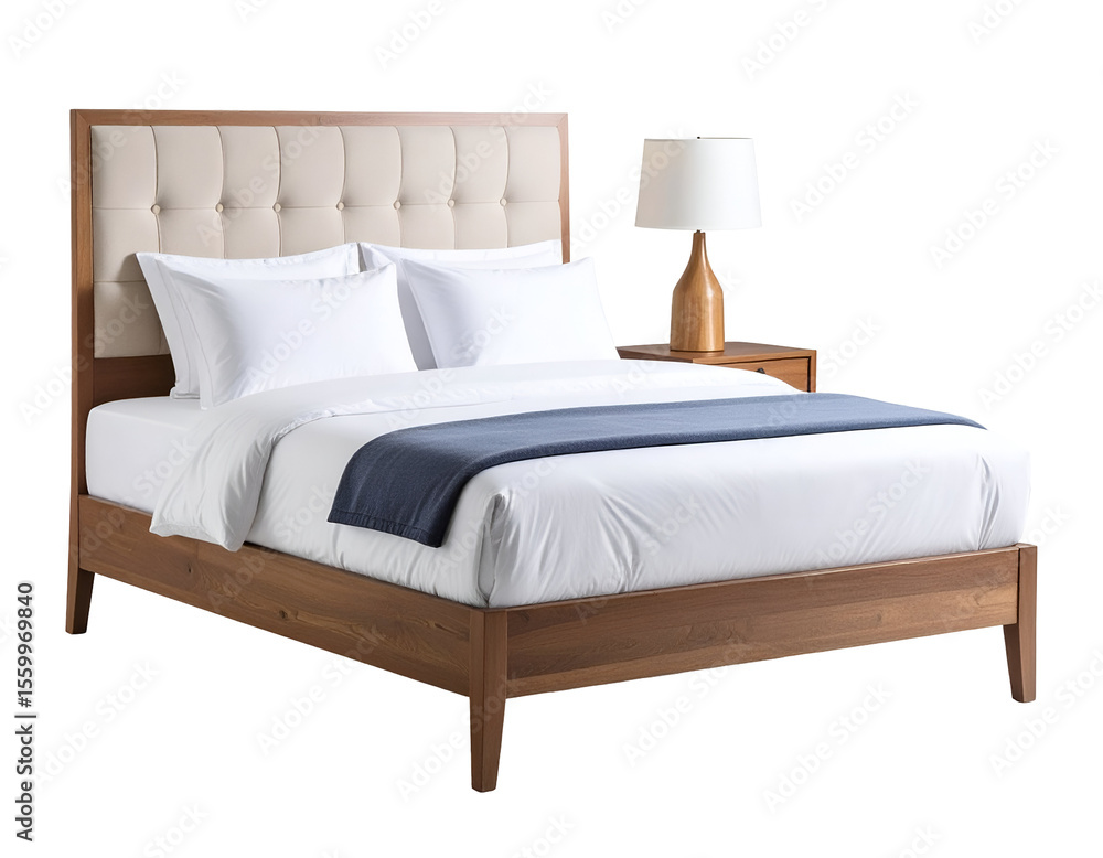 Obraz premium A stylish wooden bed with a tufted headboard and crisp white linens offers a serene bedroom experience.