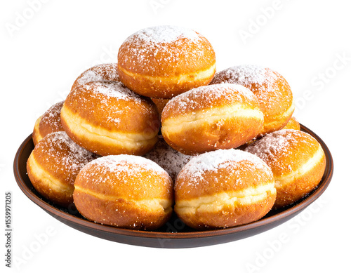 Golden fried donuts, generously coated with powdered sugar, creating an irresistible sweet treat.