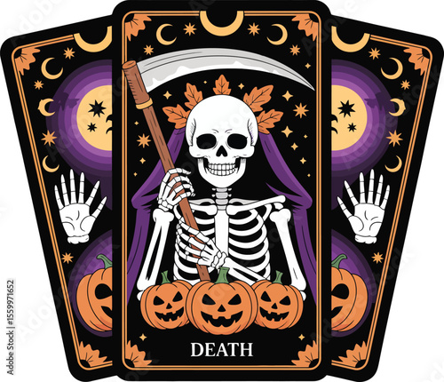 Skeleton grim reaper tarot card with pumpkins and celestial elements