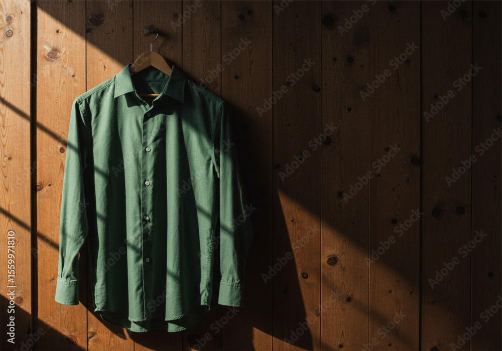 Naklejka premium Green shirt hanging on wooden wall