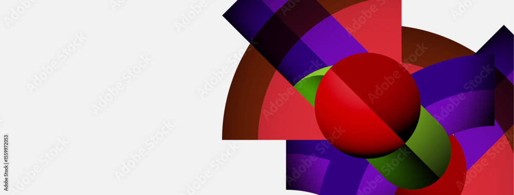 Abstract composition features vibrant overlapping shapes, including spheres, curves, rectangles. Red sphere dominates central area. Colors include purple, green, brown. Abstract composition features vibrant overlapping shapes, including spheres, curves, rectangles. Red sphere dominates central area. Colors include purple, green, brown.