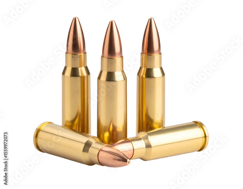 A close-up view of five polished rifle cartridges highlighting their detailed metallic construction.