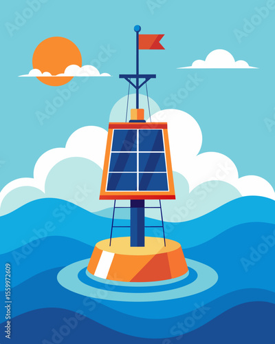 A sy weatherresistant buoy rocks gently in the swells its solar panels providing essential power to its bright navigational lights.. Vector illustration