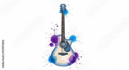 Minimalist Watercolor Acoustic Guitar with Color Splash