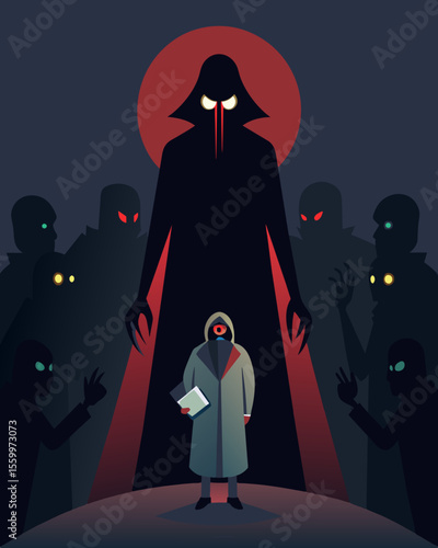 A shadowy figure emerges from the darkness controlling the shadows of innocent civilians and using them to carry out their evil deeds.. Vector illustration