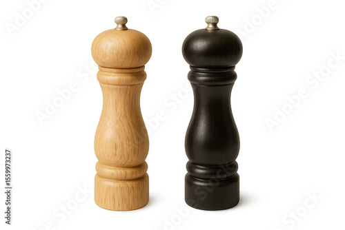 Two wooden pepper or salt mills shakers on transparent background