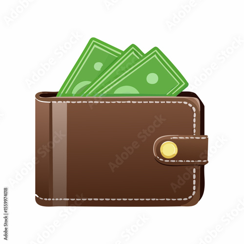 Wallet of Wealth: A brown leather wallet proudly displays a collection of fresh green bills, symbolizing financial security and monetary affluence. 