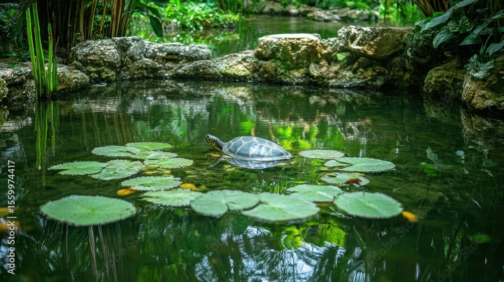 Turtle resting in a tranquil pond, surrounded by lush vegetation and lily pads Turtle resting in a tranquil pond, surrounded by lush vegetation and lily pads