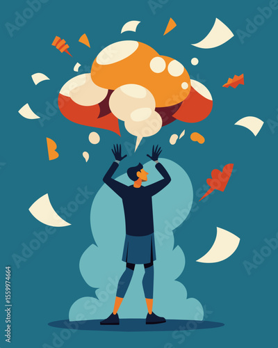 A person with their head held high breaking through a wall of speech bubbles to emerge on the other side liberated from the weight of suffocating words.. Vector illustration