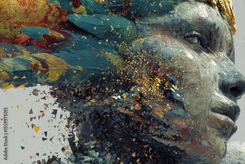 Abstract female portrait, rich colors, geometric textures, gold accents. Ideal for fashion, beauty, luxury branding.