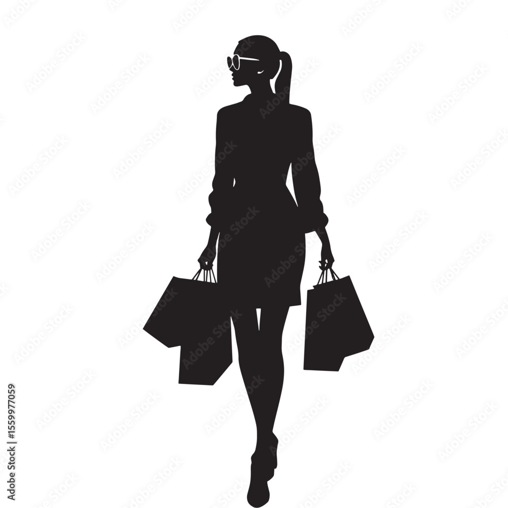 Black Silhouette Vector of Woman Shopping with Bags in Retail or Fashion Scene on White Background Full HD Black Silhouette Vector of Woman Shopping with Bags in Retail or Fashion Scene on White Background Full HD