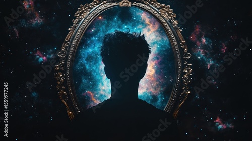 Silhouette of person inside ornate oval mirror, cosmic nebulae background