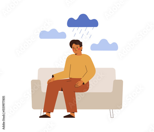 Depressed man sits under rainy clouds. Sad caucasian male suffers from insomnia, anxious disorder, burnout, emotional pressure or bullying alone at home. mental health vector illustration