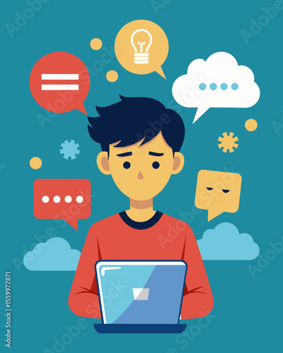 A teenager scrolling through social media with speech bubbles popping up filled with cyberbullying and hate speech.. Vector illustration