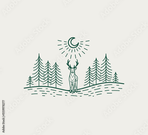 Line sketch of forest landscape with deer. Engraving style, logo. Male deer stands in front on a hill between firs, the crescent moon shines in the sky