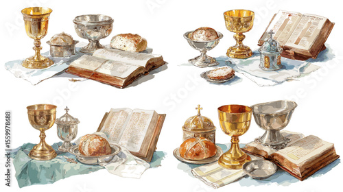 Christian Eucharist illustration with chalice, bread, Bible, and holy vessels, depicted in delicate hand-drawn watercolor for religious and sacred themes.

