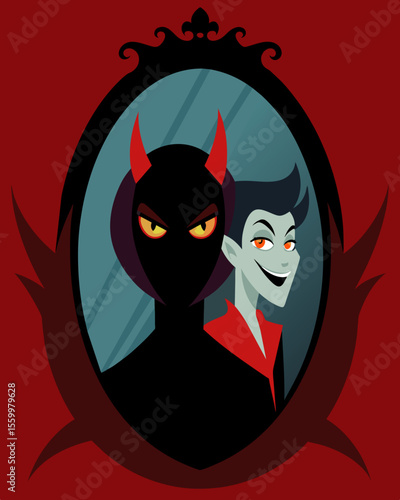 A shadowy twin peering back at them from the opposite side of the mirror with a wicked smirk on its face.. Vector illustration