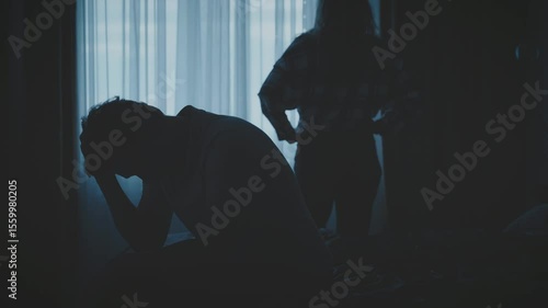 couple quarreling concept of family relationship problems divorce, black silhouette man sitting at bed woman looking at window resentment towards each other, dark room. guy and girl, betrayal cheated