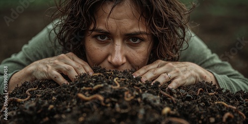 A woman looking at a pile of dirt with worms on it with her hands in the dirt and a ring on her finger