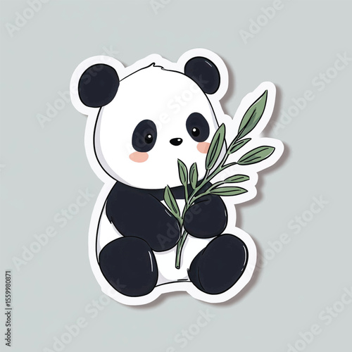 Cute panda holding bamboo shoot against a gray background