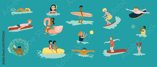 Diverse kids enjoying water activities: surfing, swimming, floating with friends.
