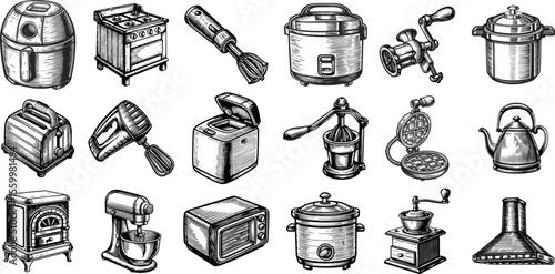 Set kitchen appliances collection includes blender, toaster, microwave oven, and coffee grinder.  Kitchen appliances set for cooking and baking includes various kitchen tools.