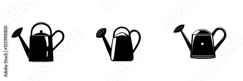 Illustrative black silhouette pictograms of various styles of watering cans suitable for gardening and horticulture activities