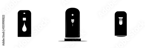 Silhouette pictograms representing various types of dispensers for liquid substances in a minimalistic style