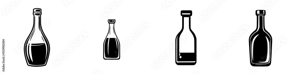 Silhouette pictograms of various bottle shapes showing dark liquid content for design and informational use Silhouette pictograms of various bottle shapes showing dark liquid content for design and informational use