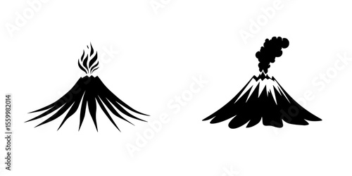 Vector icons set representing volcanic activity with distinctive silhouettes of erupting mountains