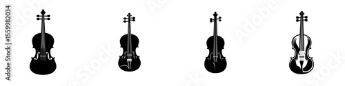 Silhouette pictograms of violins in various orientations showcasing the instrument's design and structure